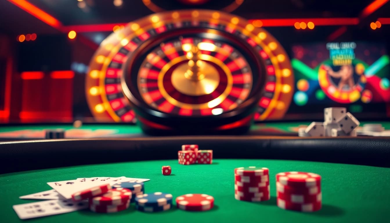 Tỷ lệ kèo bóng displayed on a vibrant digital betting slip amidst an exciting casino scene with poker chips and cards.