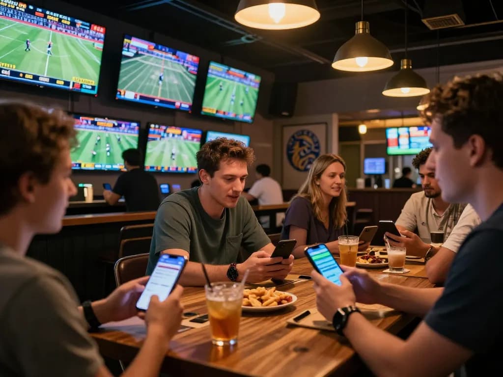 Engaging scene of patrons placing bets with keonhacai during live sports events at a modern sports bar.