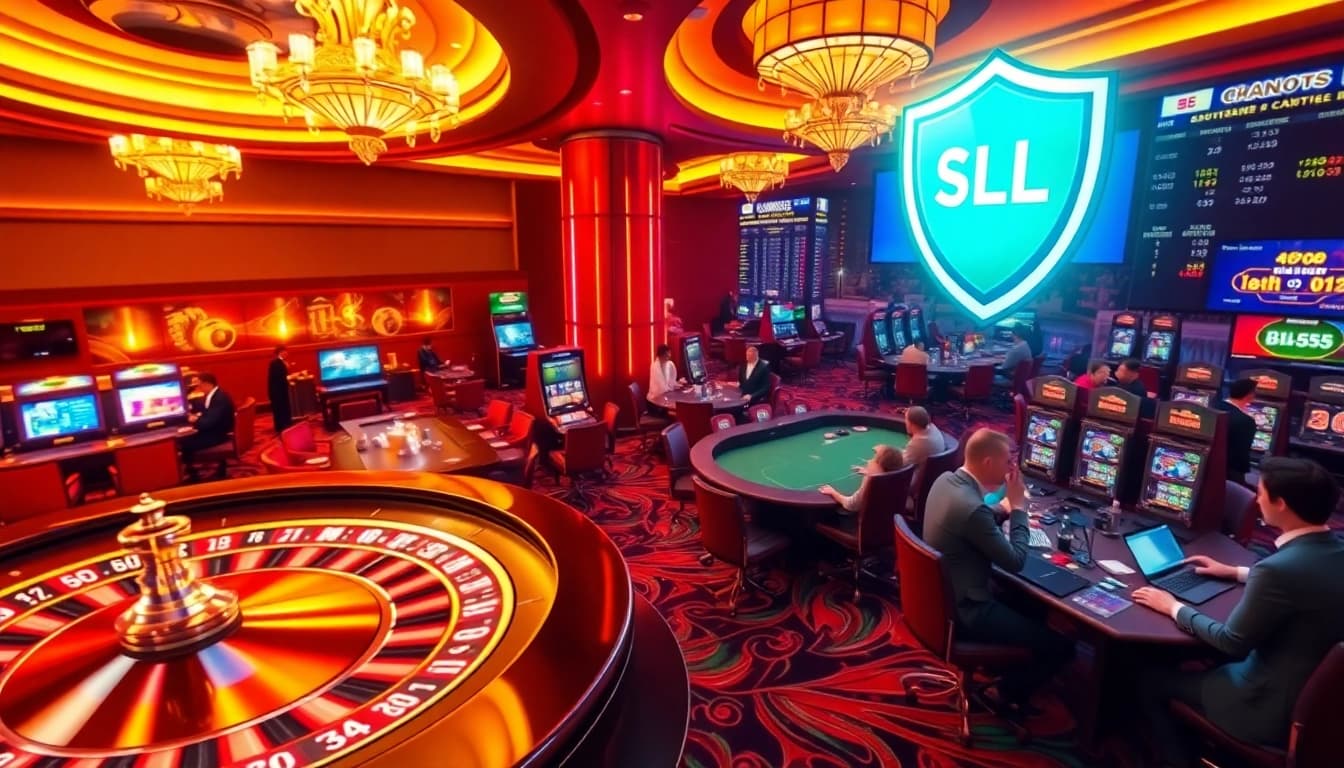 Experience the excitement of BL555 with vibrant casino elements including roulette, poker tables, and slot machines.