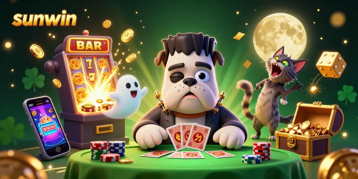 Engage with the sunwin casino scene featuring a Frankenstein bulldog and charming creatures celebrating a jackpot.