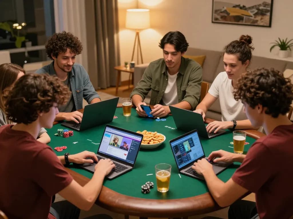 Friends engaging in keonhacai poker game at home, laptops and smartphones visible, fun atmosphere.