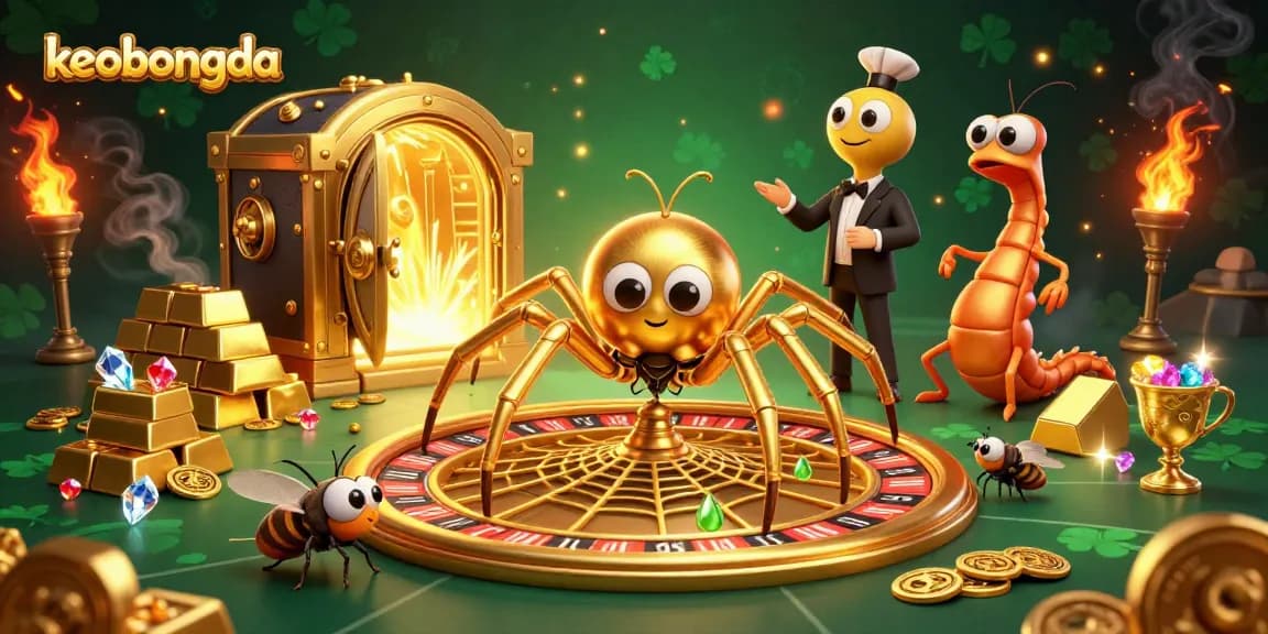 Experience thrilling betting with keobongda, featuring a golden spider and centipede croupier in a dynamic casino scene.