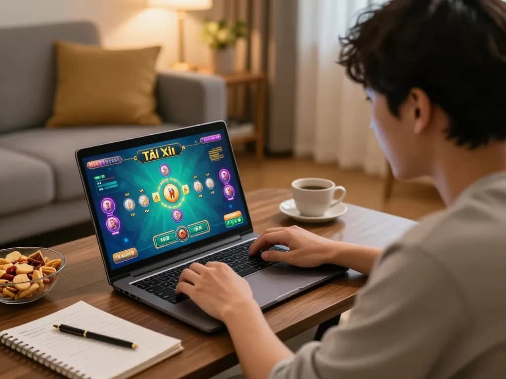 Engaged player enjoying Tài Xỉu online at home, showcasing gaming excitement on screen and strategic notes nearby.