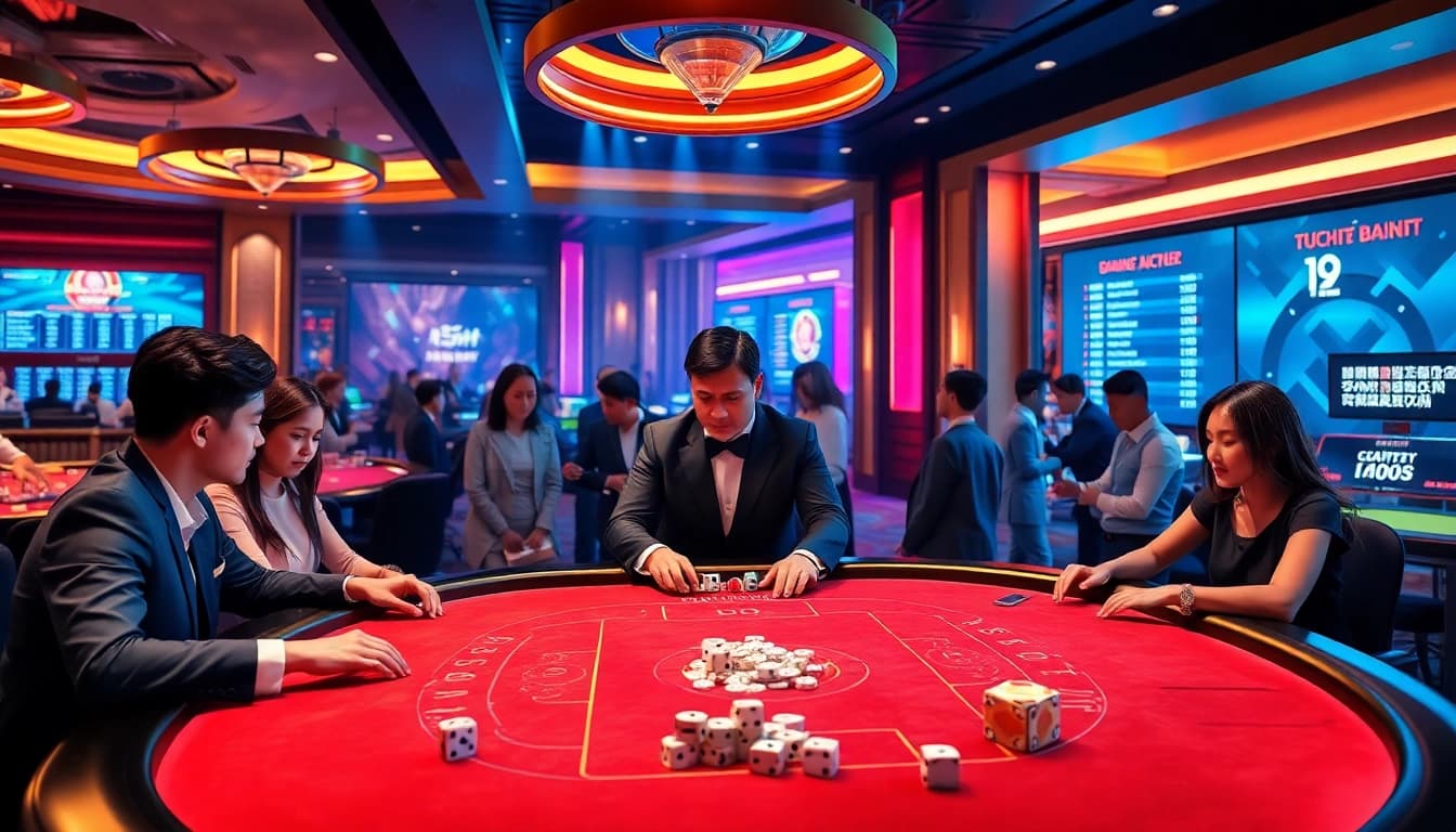 Tài Xỉu MD5 gaming table with excited players and professional dealer in a vibrant casino atmosphere.