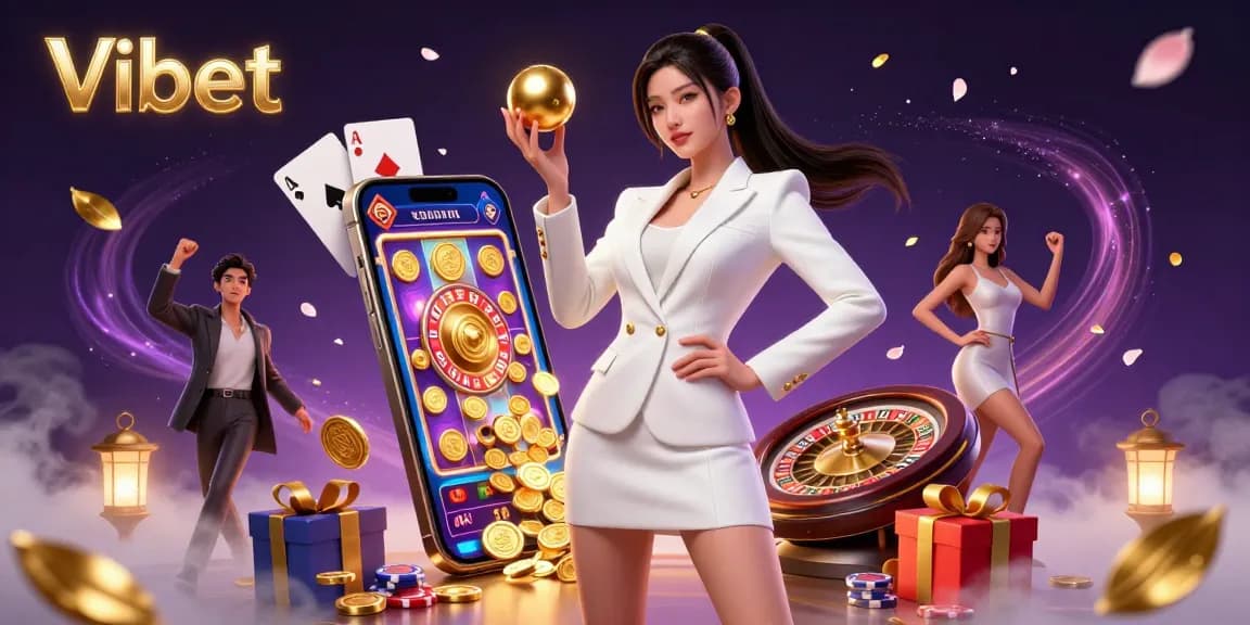 Engage with Vibet in a luxurious casino scene featuring a confident woman amidst vibrant gaming elements.