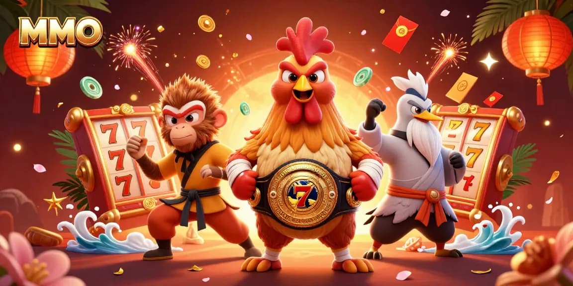 Experience the thrill of MMOO with a dynamic gambling scene featuring a Muay Thai rooster and a Shaolin monkey.