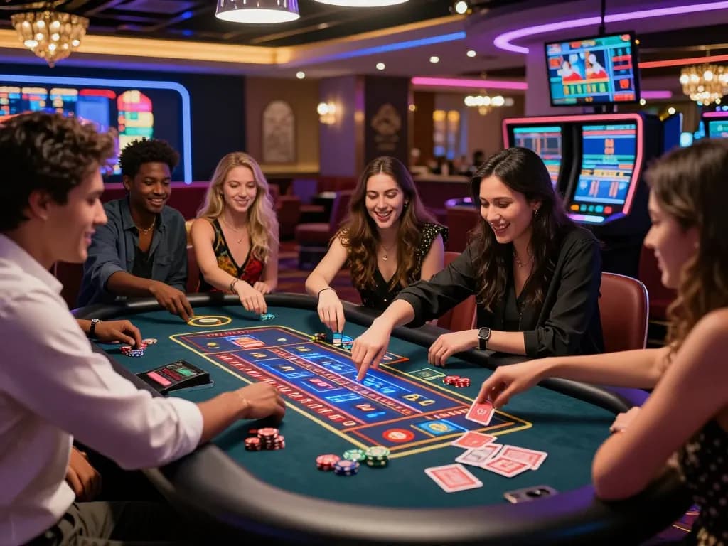 Friends enjoying MM88 online gaming experience at a vibrant casino table, showcasing excitement and camaraderie.