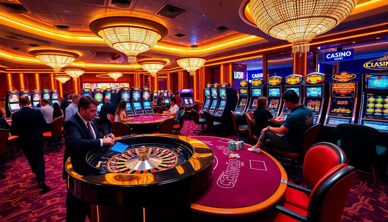 Players enjoying the vibrant CASINO LUCK8 gaming floor with poker chips and roulette excitement.