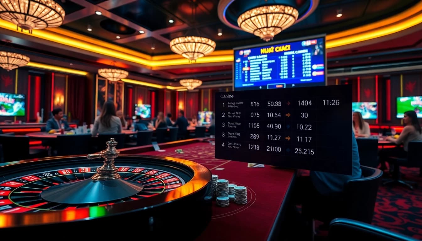 Engaging casino scene highlighting top nhà cái with roulette wheel, poker chips, and thrilling digital displays.
