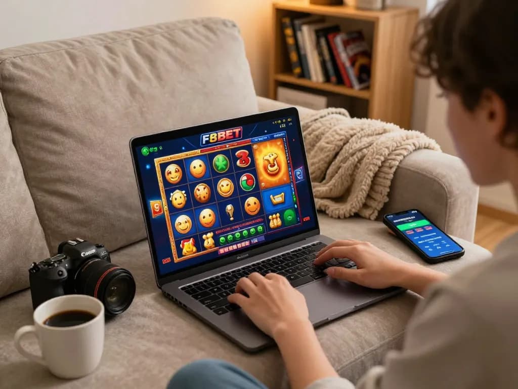 Engaging F8BET slot game session at home, showcasing colorful graphics and gaming strategy.