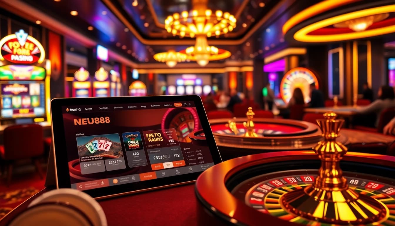 Experience the excitement of NEU88 online gaming with vibrant casino visuals featuring roulette and poker elements.