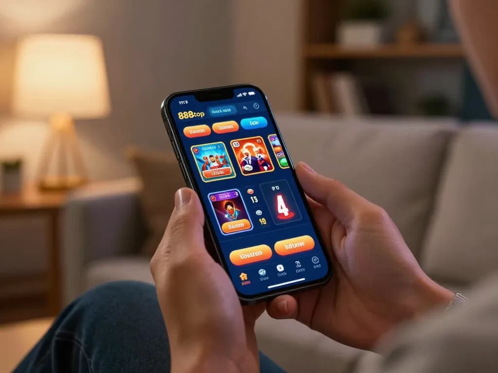 Engaging with the 888top mobile app for online casino betting in a cozy home setting.