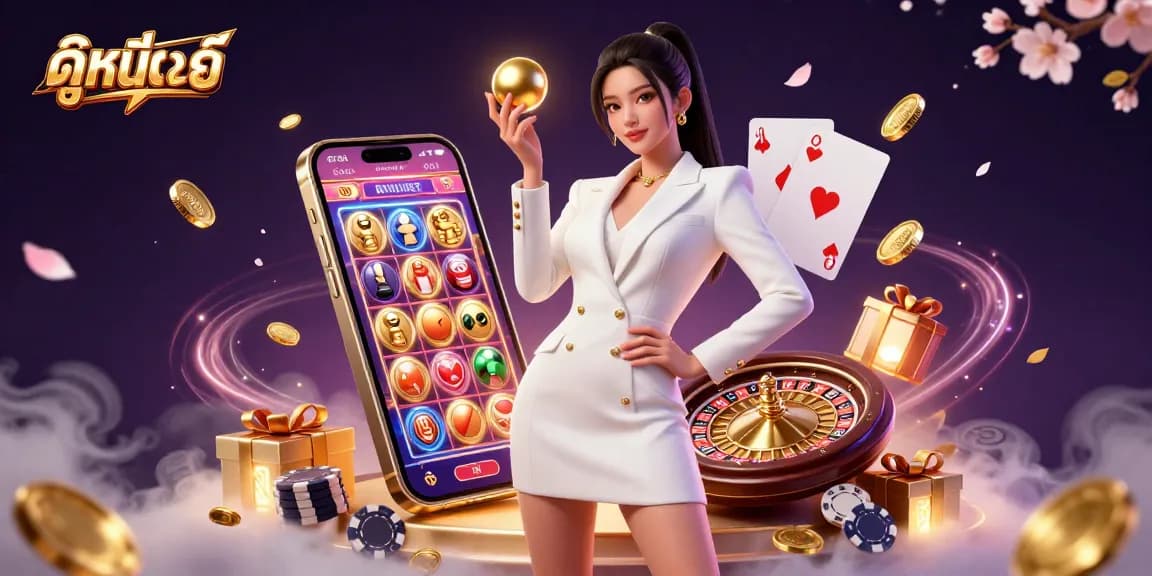 Engage in ดูหนังออนไลน์ while experiencing thrilling casino elements with a gorgeous Asian woman holding a roulette ball.