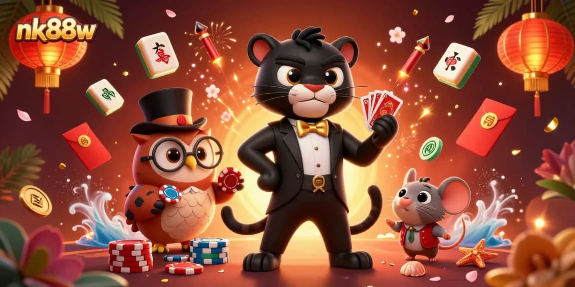 Engage with thrilling games at nk88w, where a stylish panther deals cards in a vibrant casino scene.
