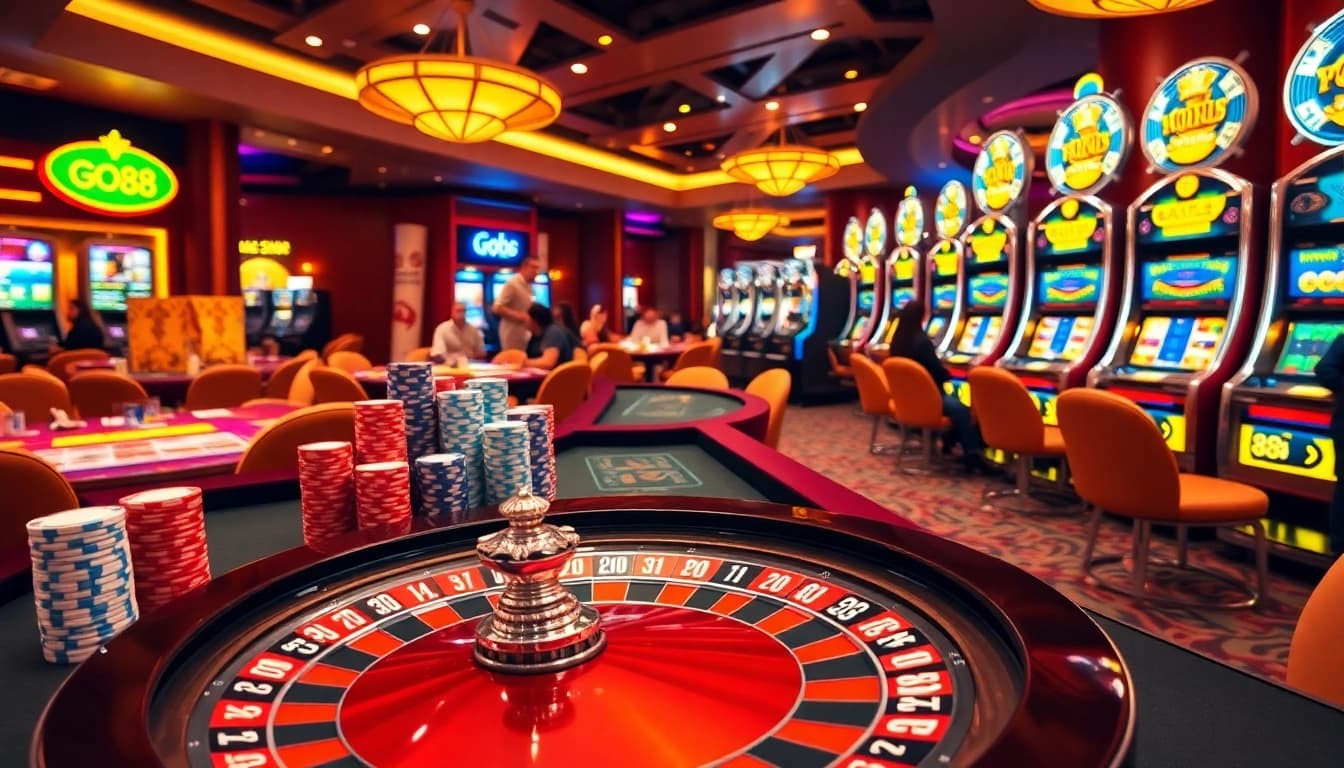 Cổng Game GO88 offers a thrilling casino experience with poker chips and roulette wheel.