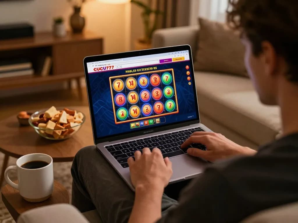 CUCU777 player enjoying online slots experience at home with laptop and cozy atmosphere.