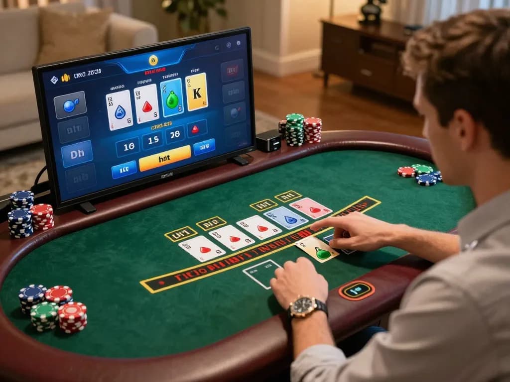 Engage with link vào DOLA789 while playing blackjack in a stylish online casino setup.