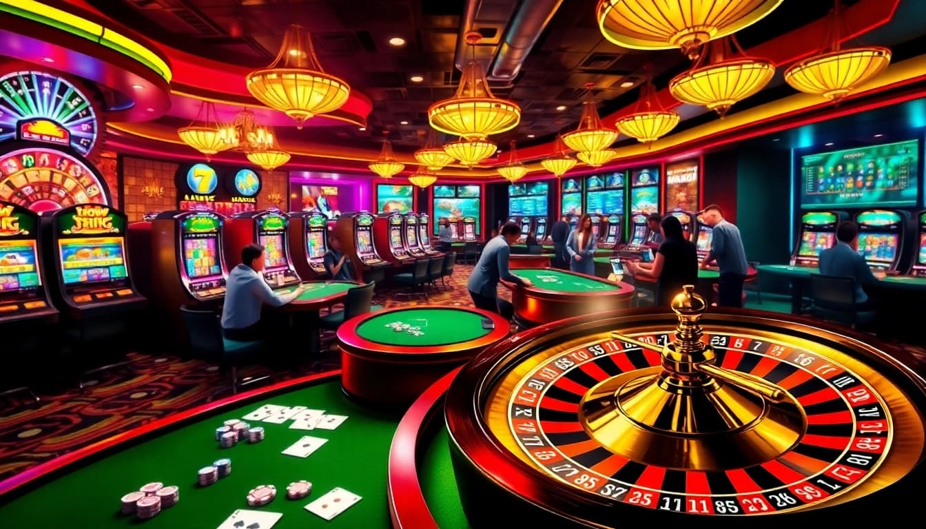 Experience the thrill of LuckyWin with vibrant casino gaming scenes featuring slot machines and roulette.