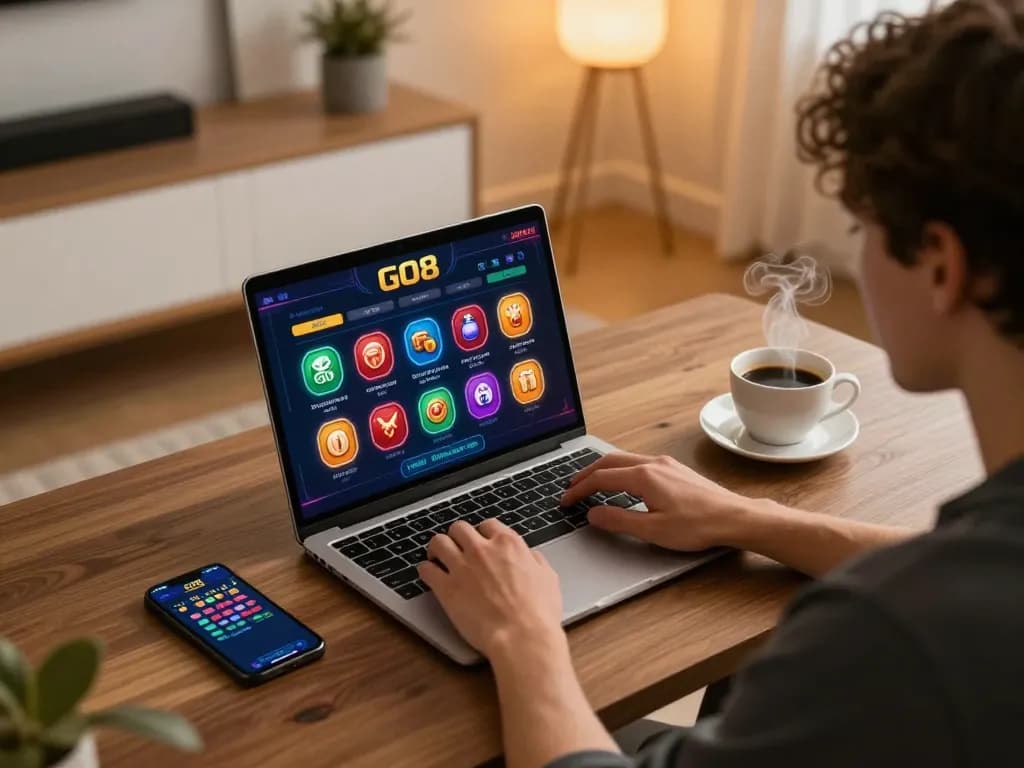 Player engaging with GO8 online gaming interface from a cozy home setup, showcasing the excitement of strategic gambling.