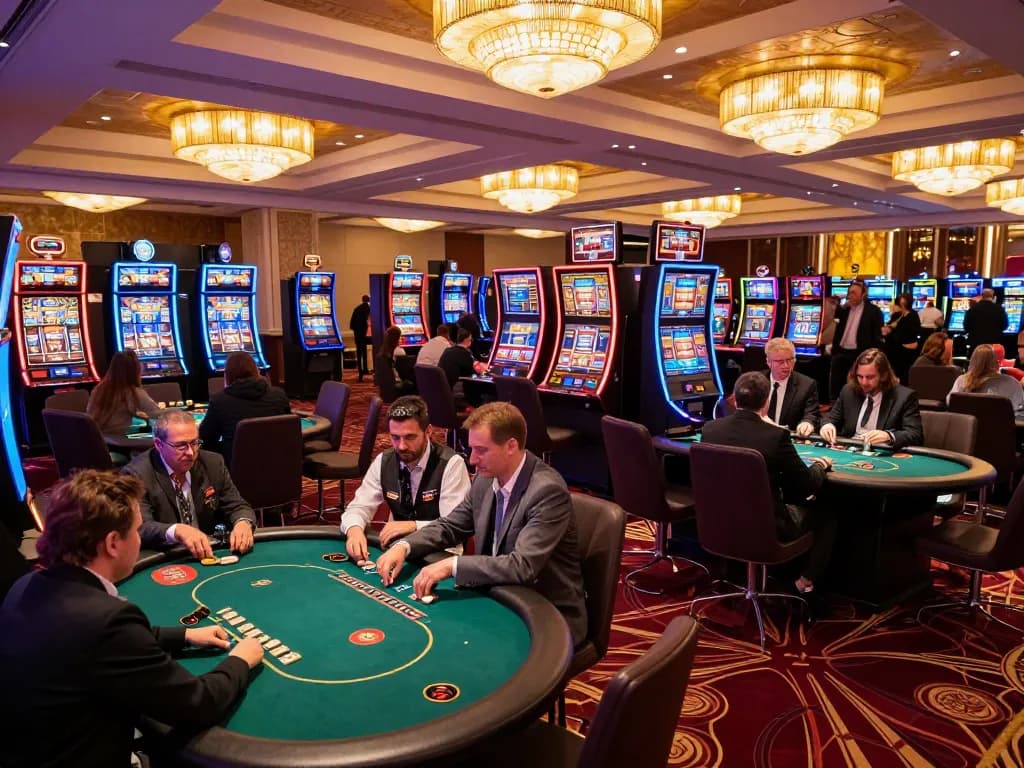 Dynamic scene of a vibrant casino floor with players enjoying games representing tập đoàn ATQ's entertainment offerings
