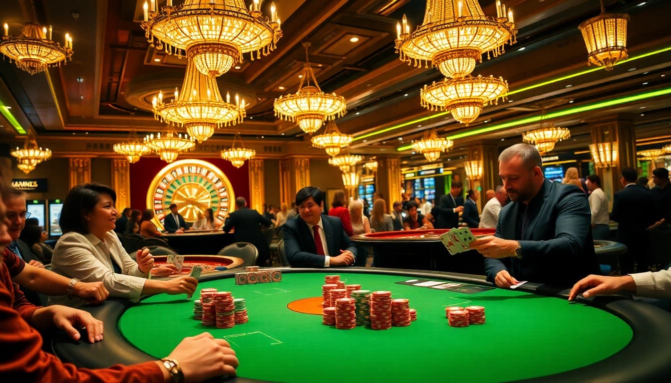 Exciting scene at a casino with a live poker game showcasing newphim's vibrant gambling atmosphere.