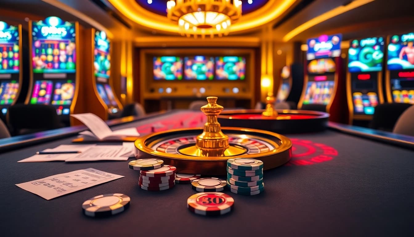 i9bet online gamblers place bets at a lively casino table filled with chips and betting slips.