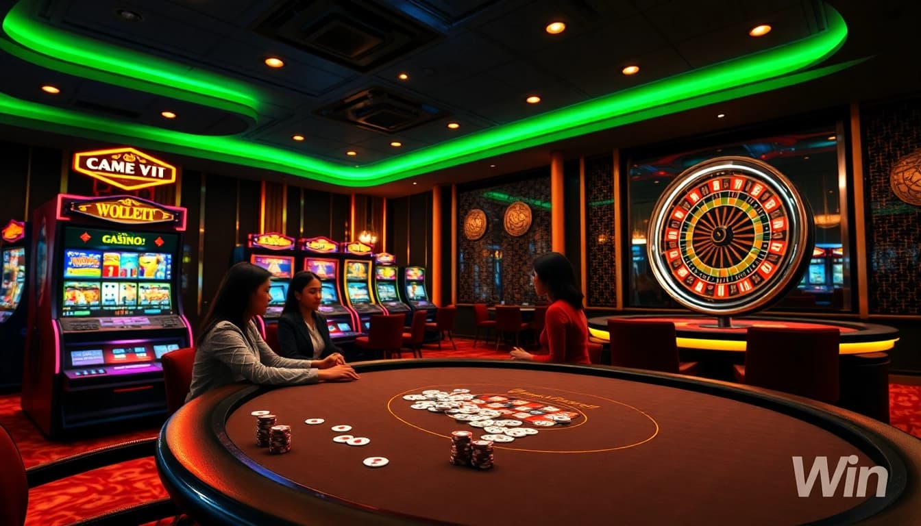 Experience thrilling online gaming at win vn with vibrant casino tables and gleaming slot machines.