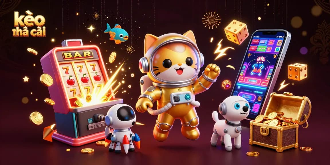 Engage with kèo nhà cái in this vibrant 3D casino scene featuring a lucky cat astronaut and dog.