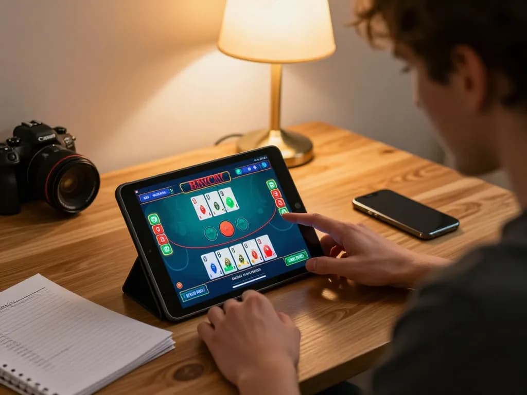 Player engaging with baccarat game on tablet at home, alc88 strategy notes visible, promoting responsible gaming.