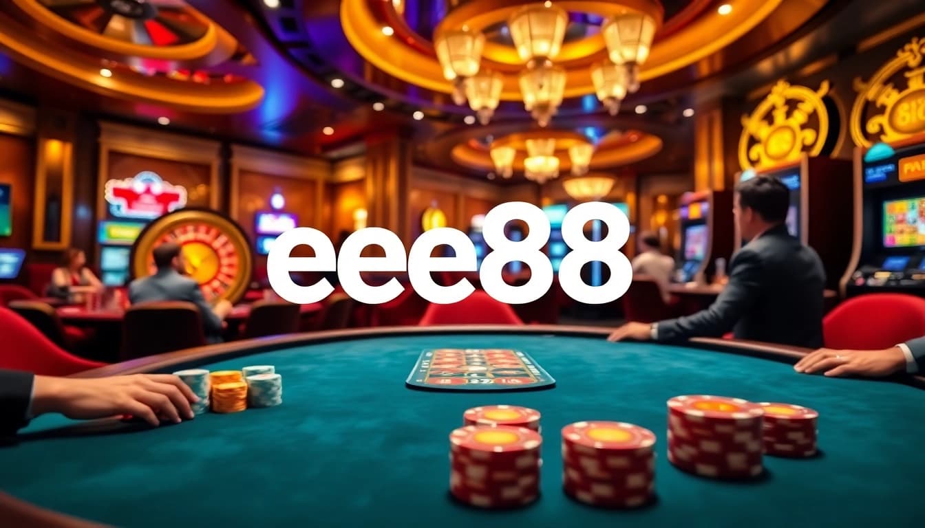 Players engaging in exciting bets at the ee88 poker table, surrounded by vibrant casino elements.
