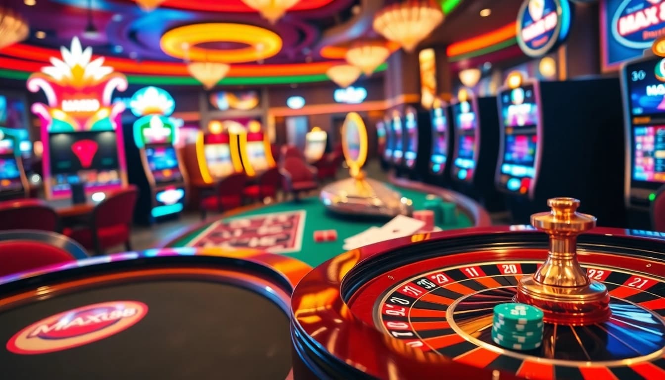 Experience the thrilling ambiance of Max88 with dynamic slot machines, flashing tables, and vibrant colors.