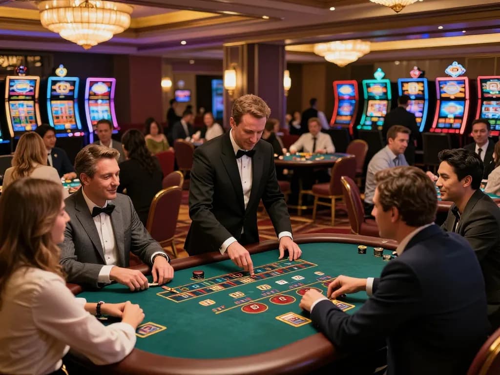 HB88 players strategizing at lively blackjack tables in a luxurious casino environment.