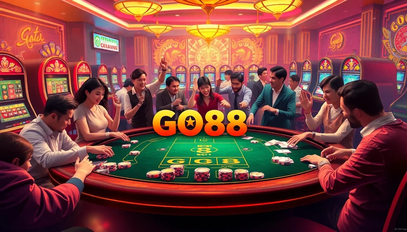 Players enjoying a thrilling game at a GO88 casino table with vibrant colors and luxurious ambiance.