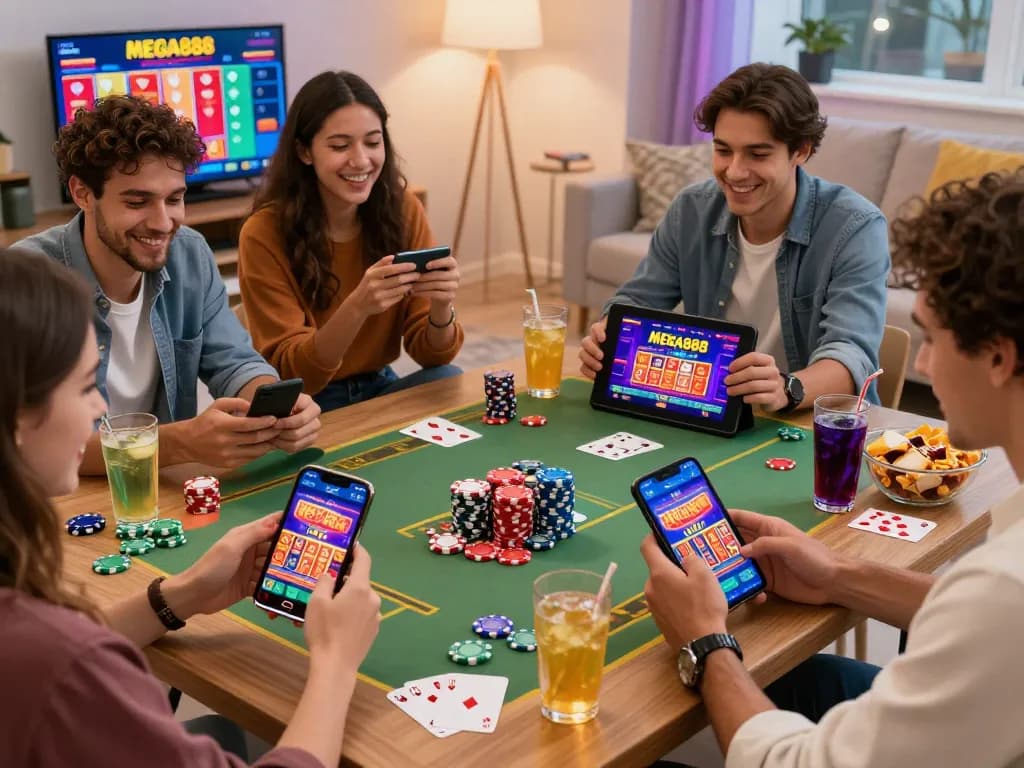 Friends enjoying MEGA888 mobile casino games in a lively living room setup with snacks and drinks.