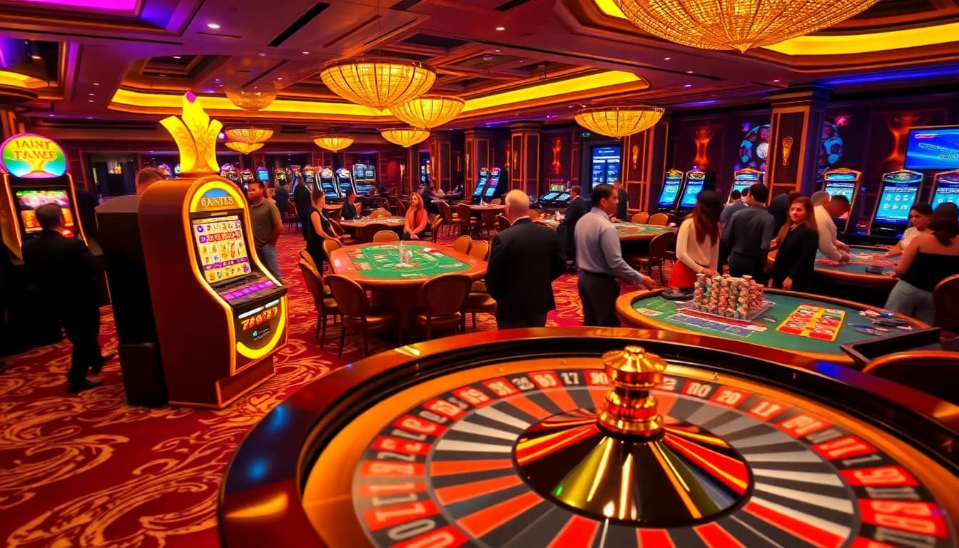 A dynamic casino scene featuring roulette, poker, and slot machines, highlighting excitement around 789p gaming.