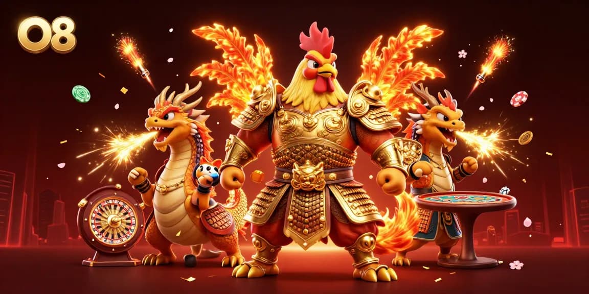 Engage with O8's thrilling gaming experience featuring a rooster warrior, dragon hatchling, and casino elements.
