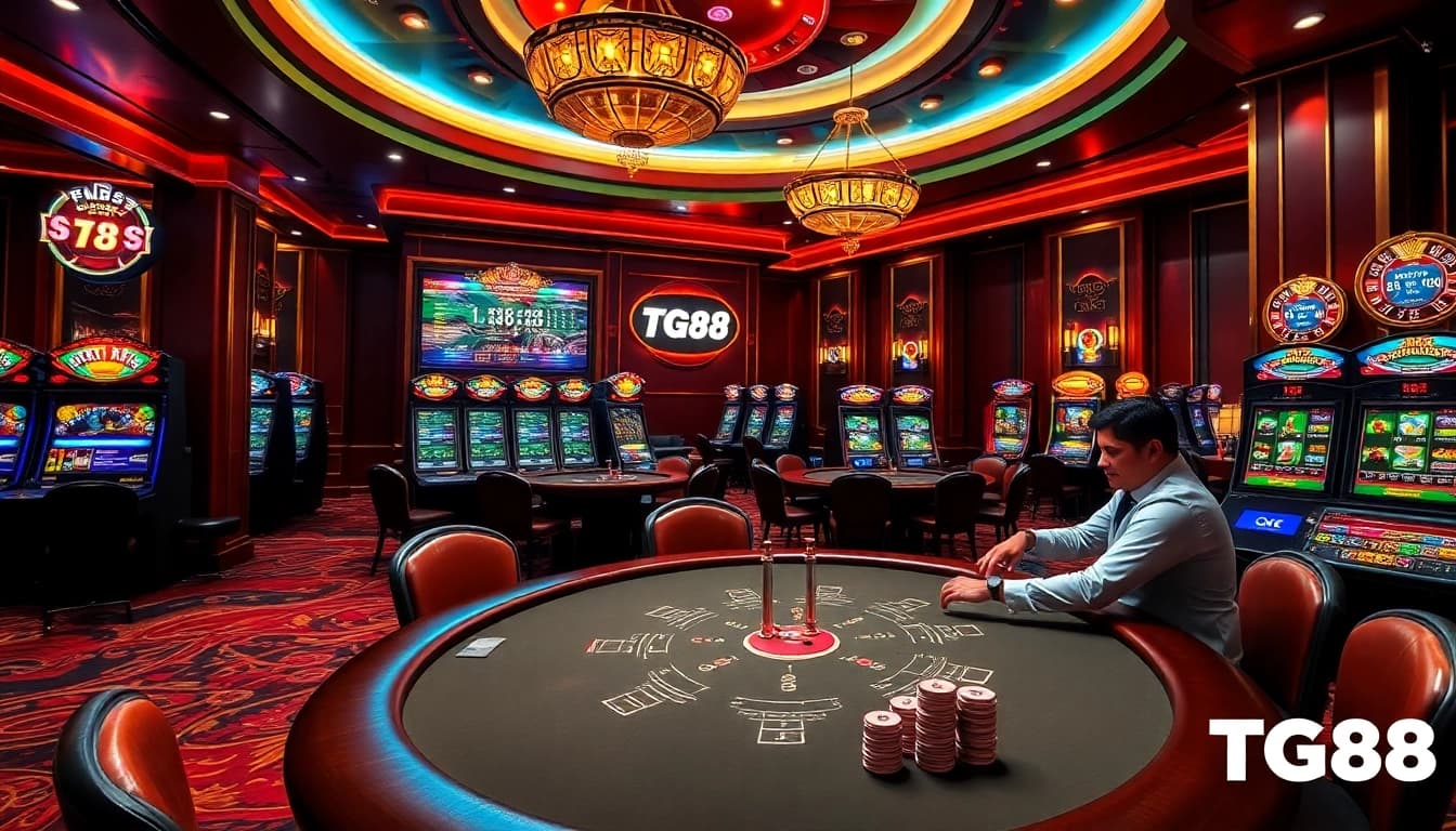 Experience TG88's thrilling casino atmosphere with poker tables and vibrant slot machines.