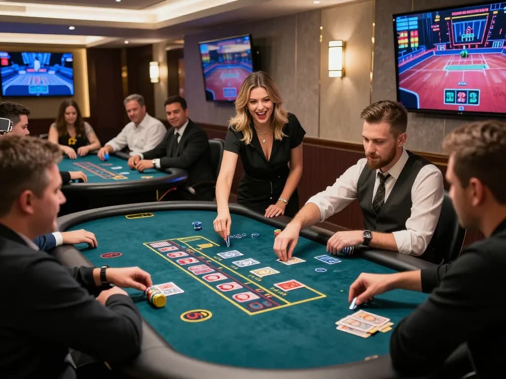 Players enjoying a thrilling baccarat game at F168's live dealer casino, highlighting strategic interactions.
