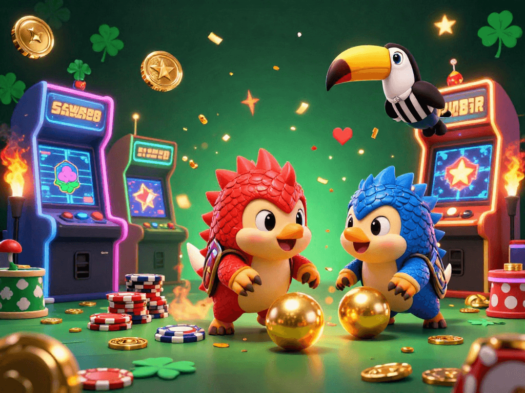 Play exciting games at SAWA888 with animated pangolins bowling through poker chips amidst vibrant arcade elements.
