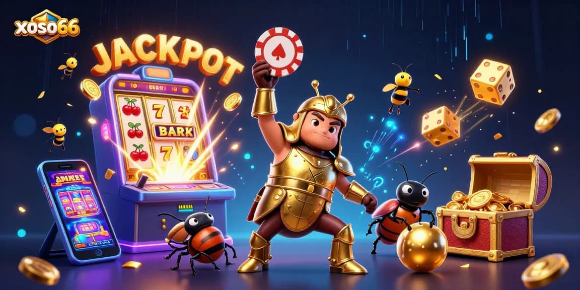 xoso66 - Herncules beetle celebrating a big poker win with a jackpot theme in a vibrant casino scene.