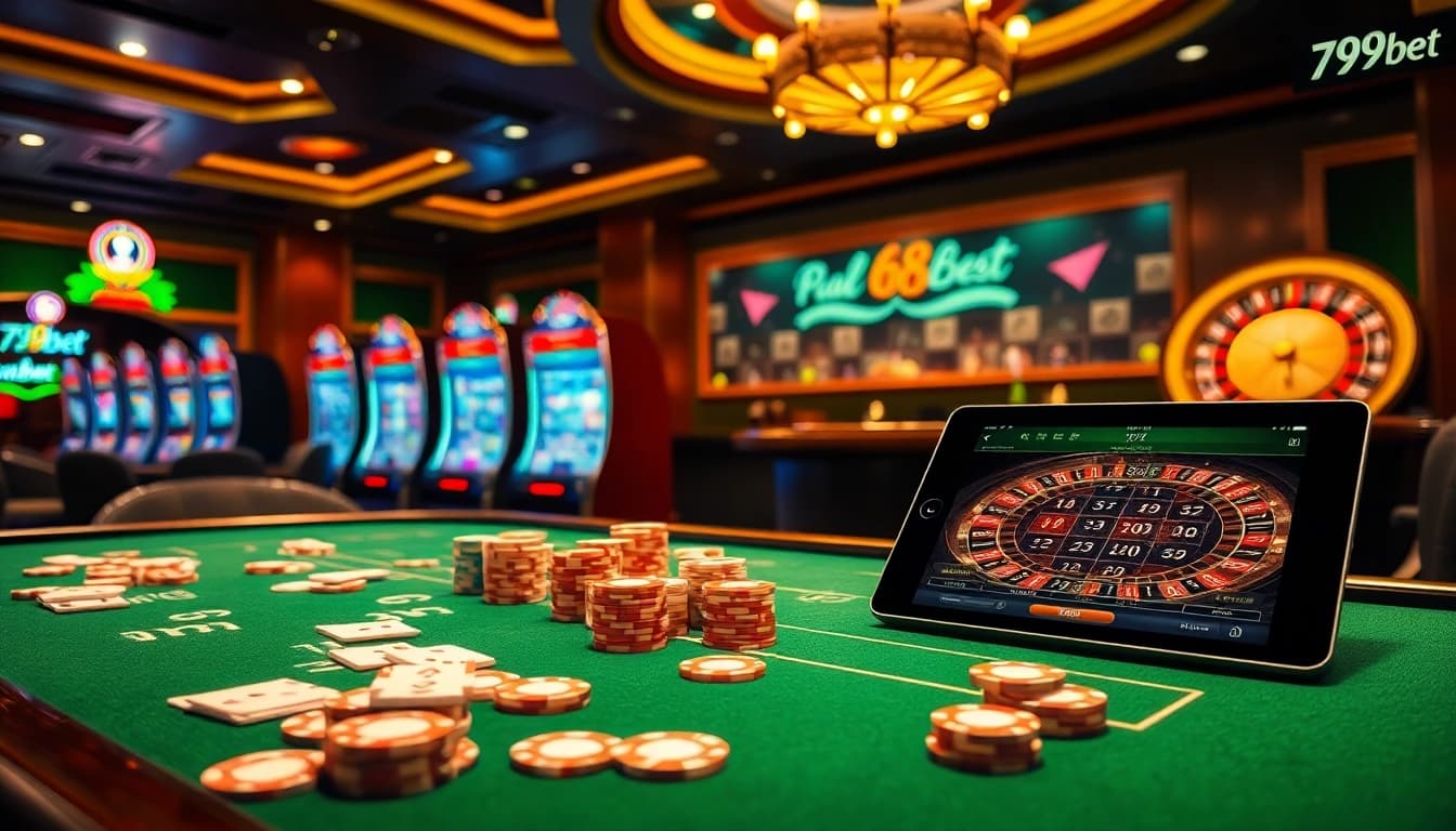Engaging casino scene showcasing 789bet with poker chips, cards, and a roulette wheel