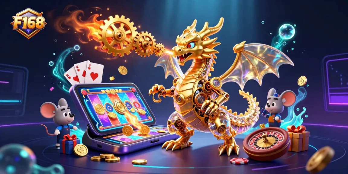 Experience F168's thrilling world with a golden dragon, slot games, and vibrant gaming elements.