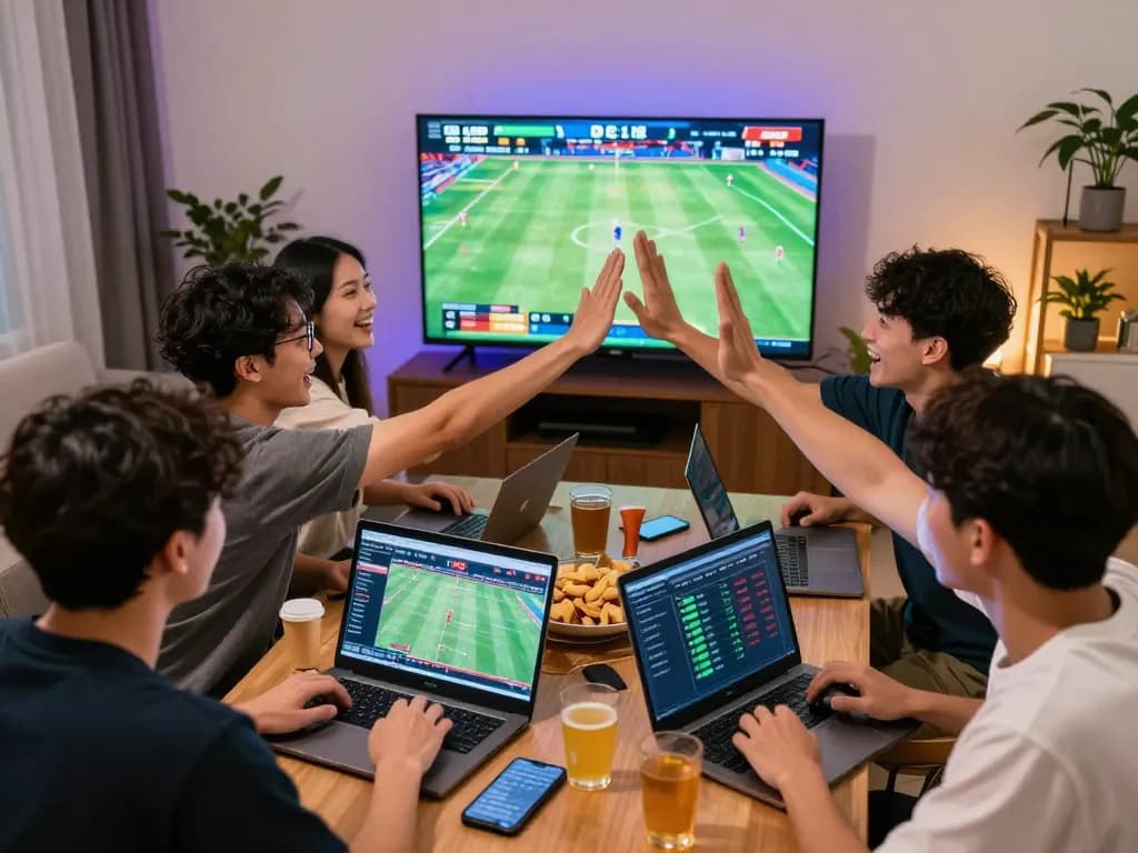 Friends cheering while betting on keo nha cai in a lively sports watching environment.