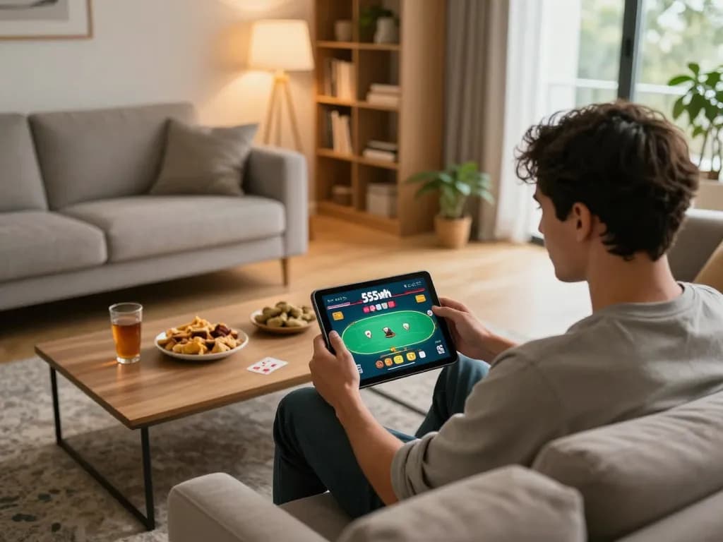 Player engaging with 555win on a tablet, showcasing a poker game in a cozy home setting.