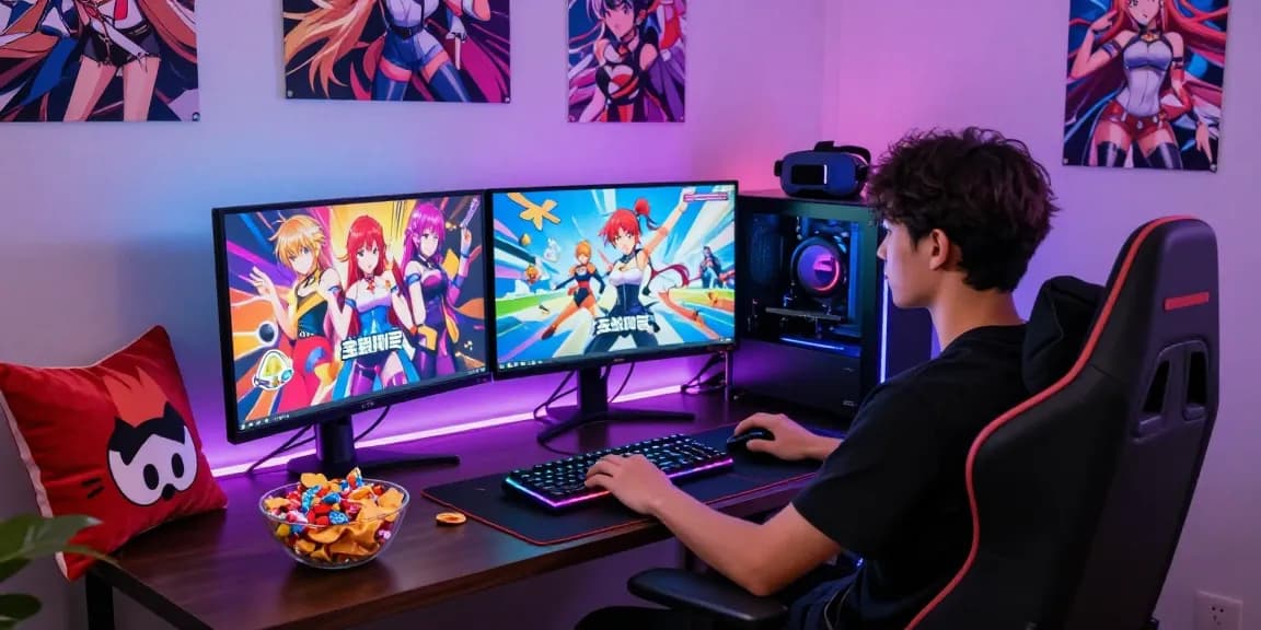 Engaging scene of a gamer enjoying ecchi games online in a cozy colorful setup.