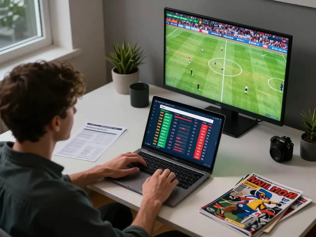 Engaging scene of sports betting with 1gom interface on laptop, capturing dynamic home atmosphere and strategic gameplay.