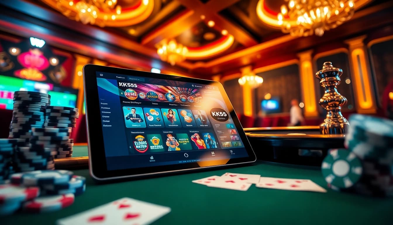 Experience the excitement of KK55 with a vibrant online casino scene featuring poker chips and roulette.