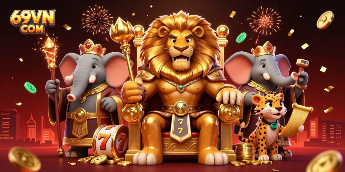 Engage in vibrant gameplay at 69VN COM, featuring a dynamic lion king, and vivid casino elements.