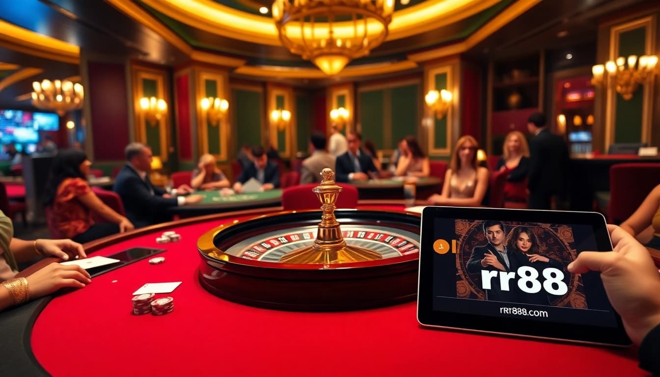 Join the excitement at rr88.com with a vibrant casino scene featuring roulette and poker action.