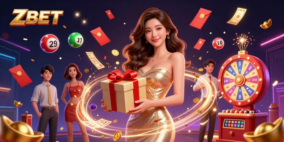 ZBET features a stunning celebration scene with a photorealistic Asian woman amidst vibrant casino elements like bingo cards and colorful balls.